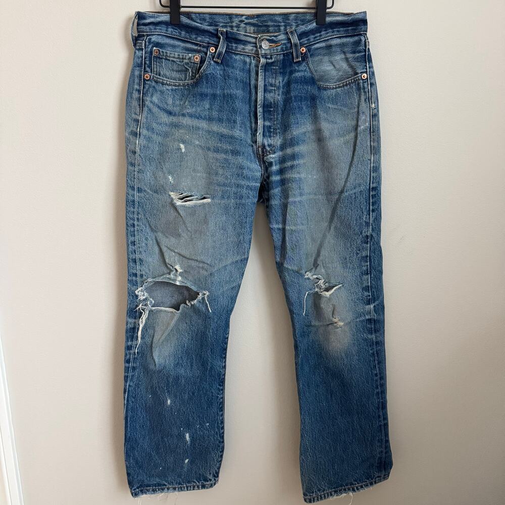 Vintage 90s Levis 501s Thrashed Med Wash Mens 34 x 30 Distressed Red Tab Jeans